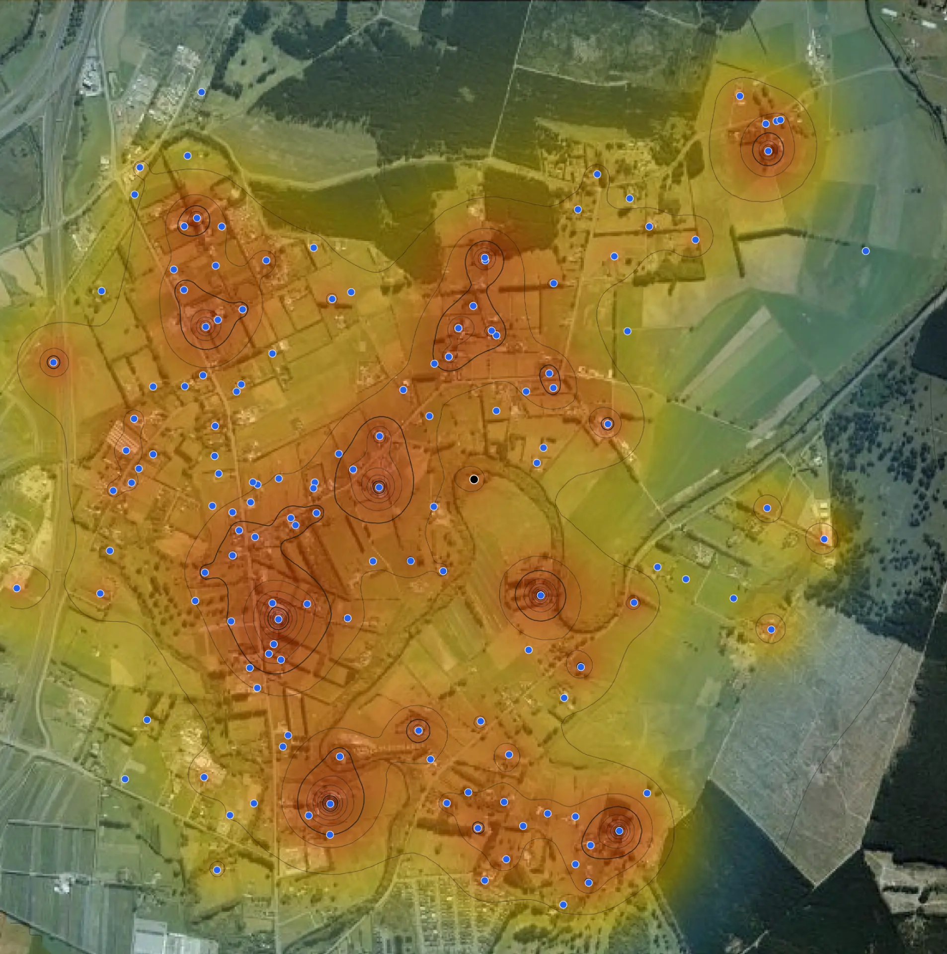 Predicted water-level drawdown map from a proposed bore, over an aerial photograph of farmland.